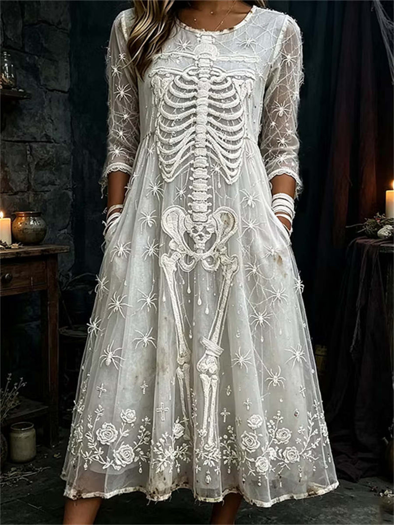 Women's Halloween White Spider Skeleton Print Crew Neck Three Quarter Sleeve Midi Dress