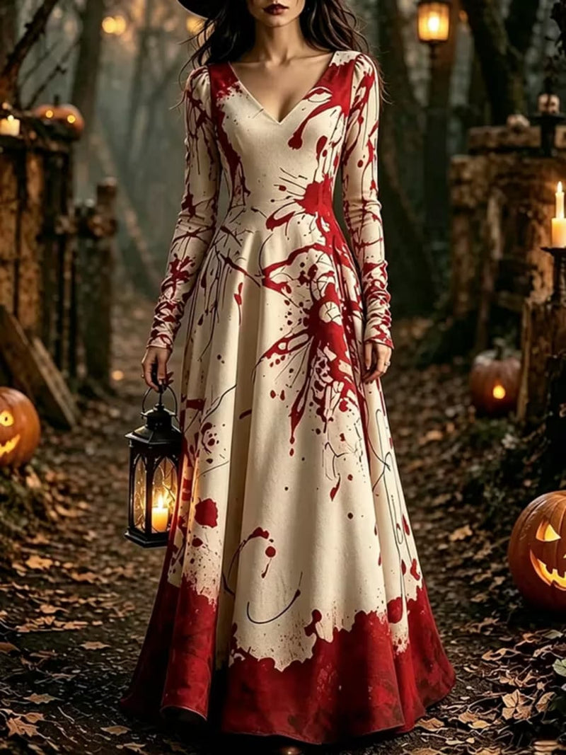 Women's Halloween Cream Bloodstain Print V Neck Long Sleeve Maxi Dress