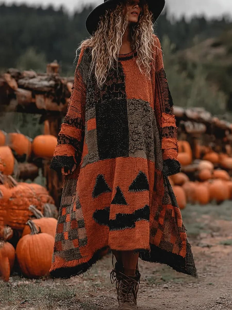 Women's Halloween Multi Pumpkin Face Patchwork Round Neck Long Sleeve Midi Dress