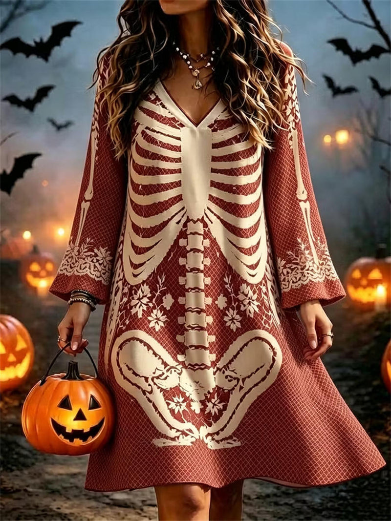 Women's Halloween Multi Skeleton Print V Neck Long Sleeve Mini Dress