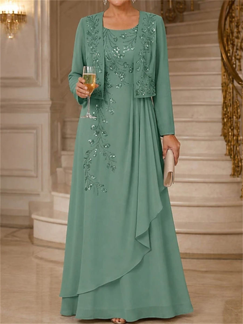 Women's Sage Green Solid Round Neck Long Sleeve Two Piece Maxi Dress