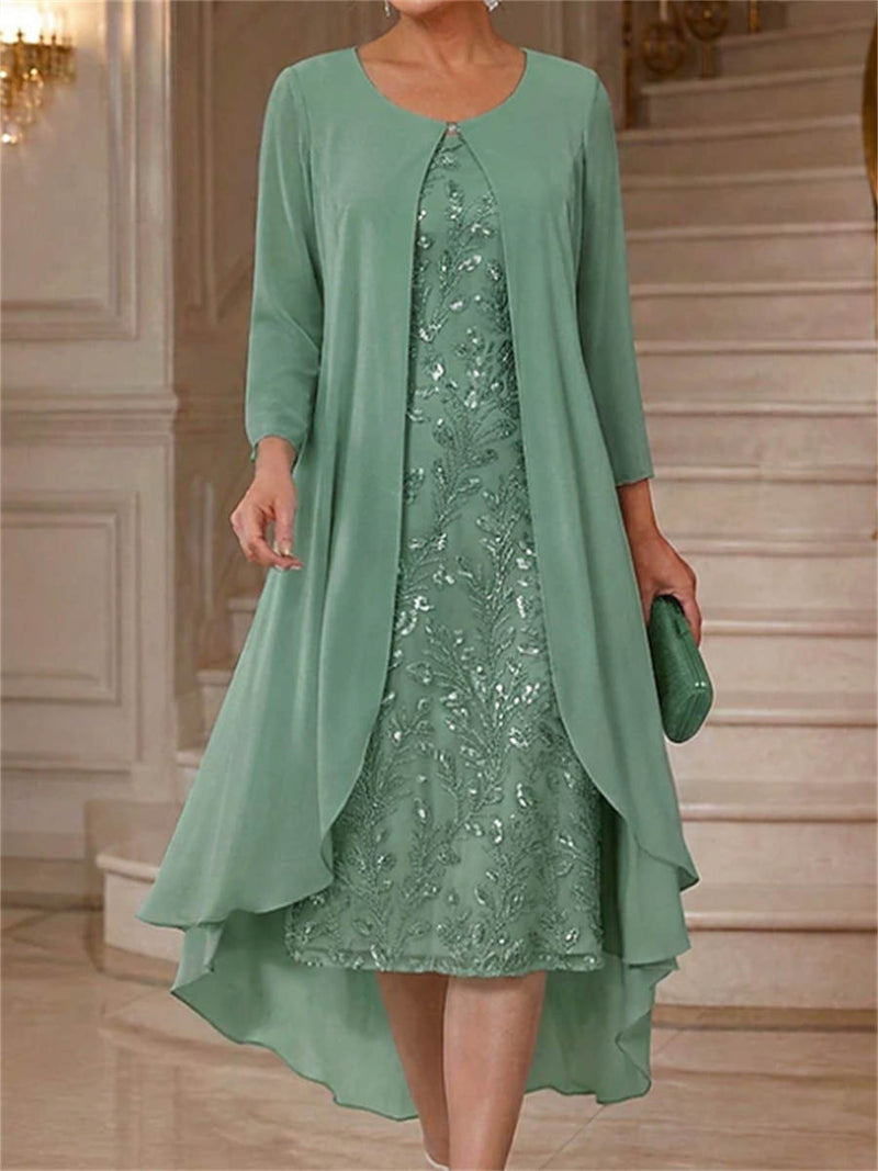 Women's Sage Green Solid Round Neck Three Quarter Sleeve Two Piece Midi Dress