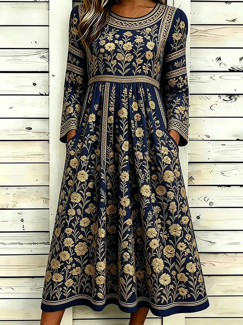 Women's Navy Floral Round Neck Long Sleeve Midi Dress
