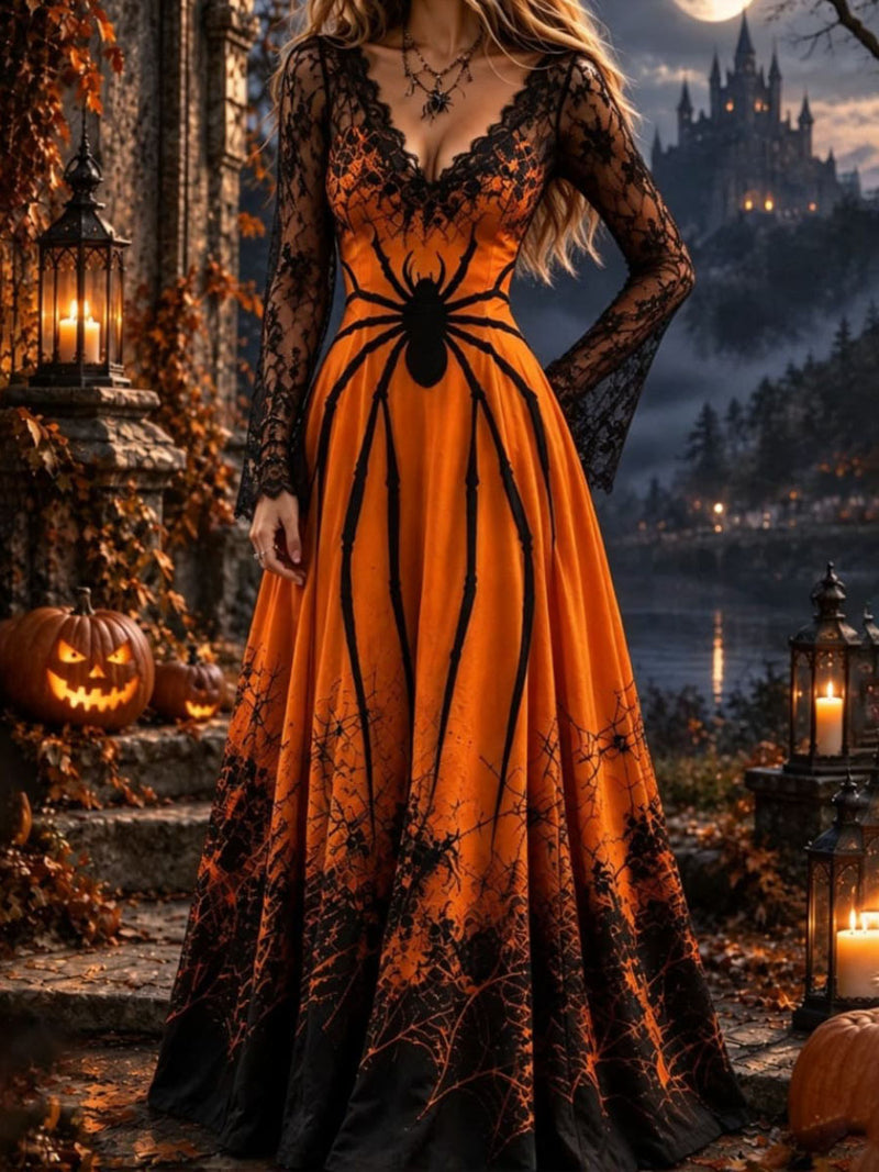 Women's Halloween Multi Spider Web Gradient Print V Neck Long Sleeve Maxi Dress