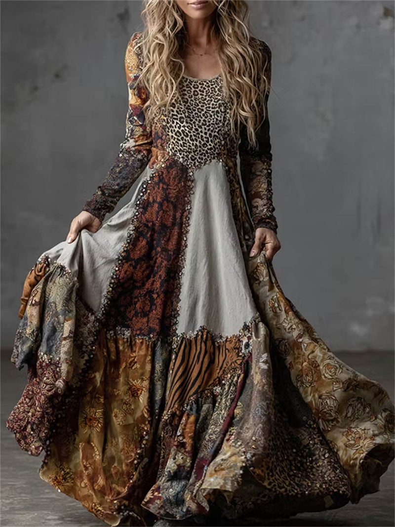 Women's Multi Leopard Animal Patchwork Print Round Neck Long Sleeve Maxi Dress
