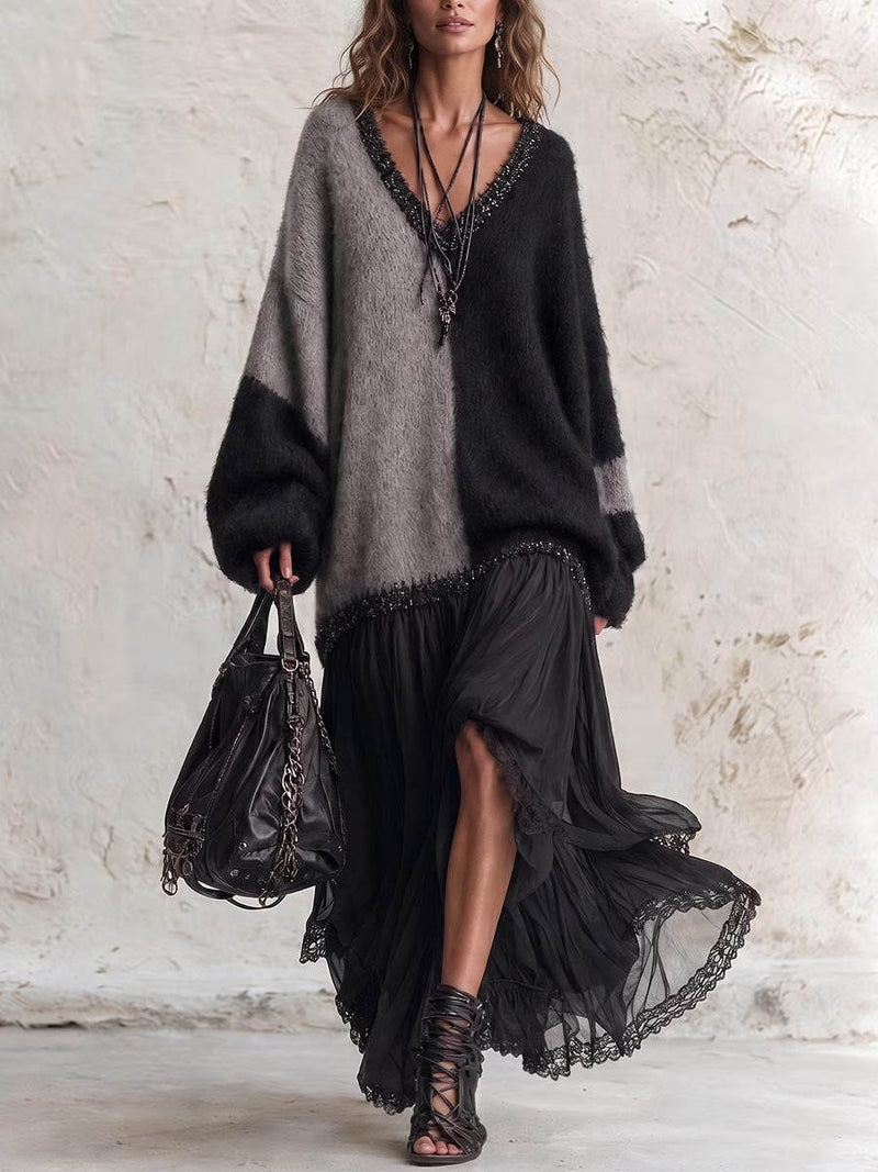 Women's Black Grey Color Block V Neck Long Sleeve Maxi Dress