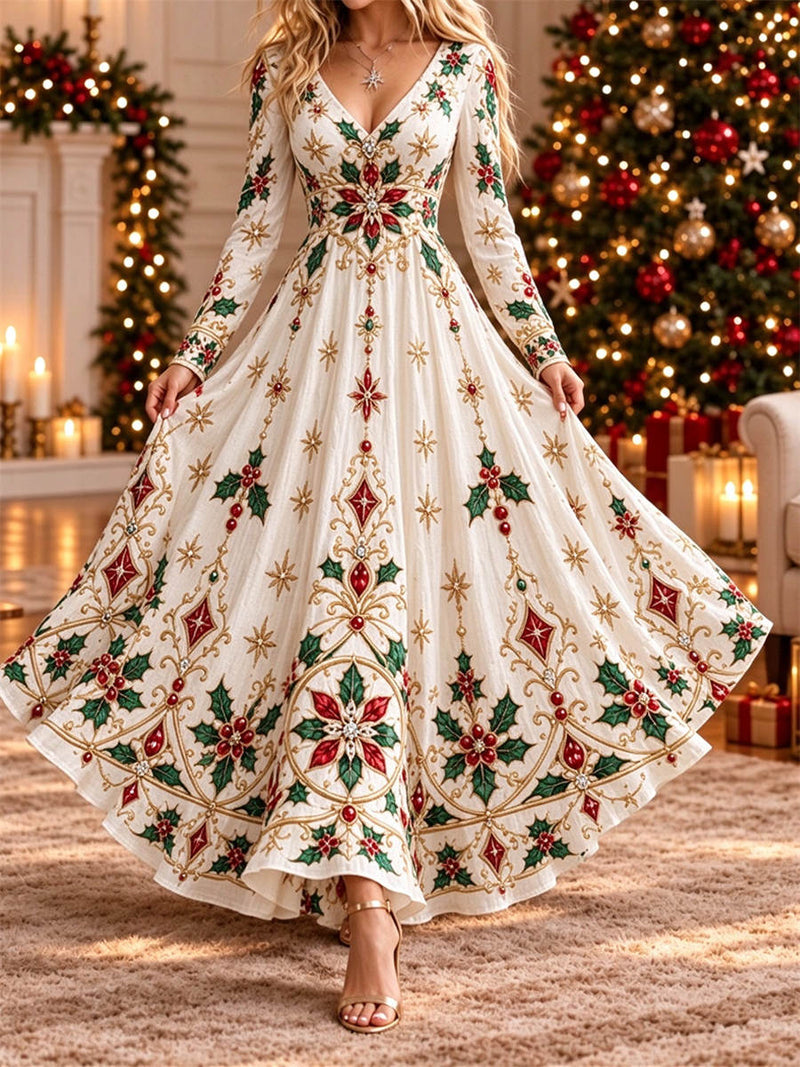 Women's Christmas White Floral Print V Neck Long Sleeve Maxi Dress