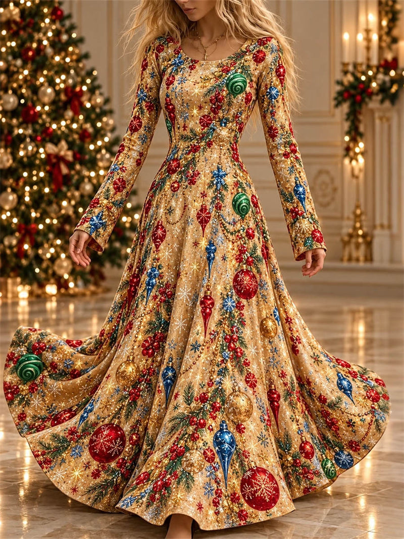 Women's Christmas Multi Print Round Neck Long Sleeve Maxi Dress