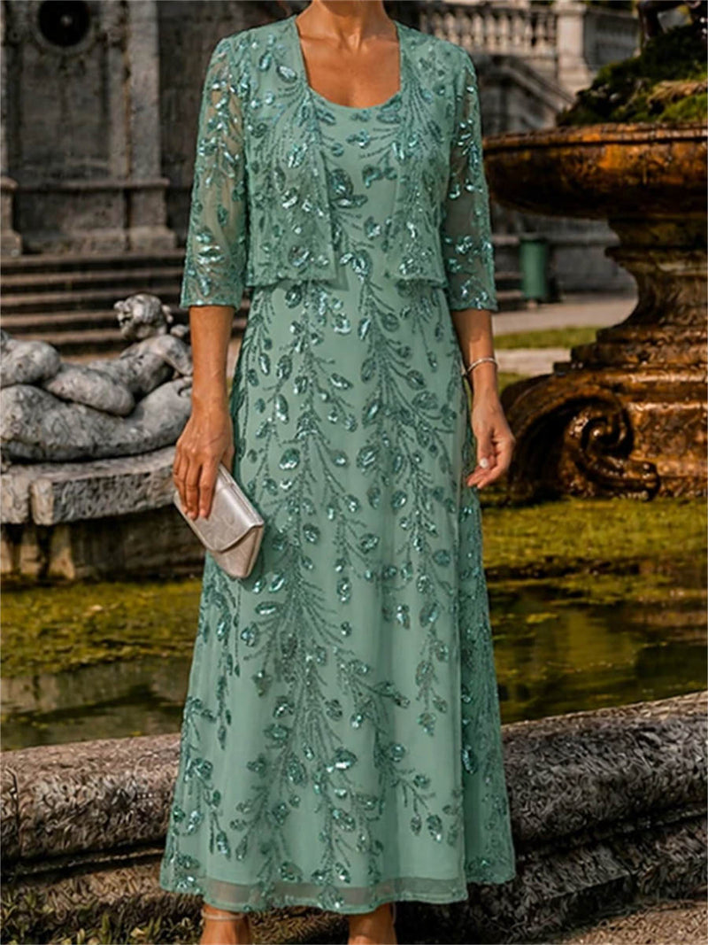 Women's Sage Green Floral Square Neck Three Quarter Sleeve Two-Piece Maxi Dress