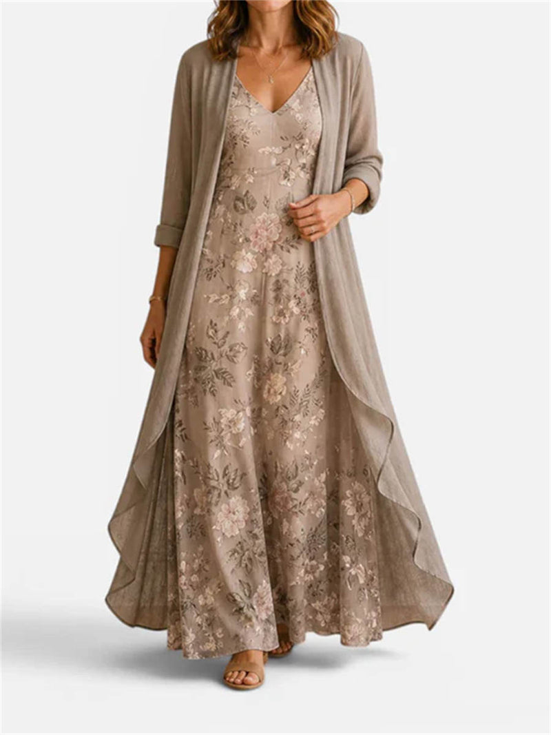 Women's Taupe Floral Print V Neck Sleeveless Two-Piece Maxi Dress