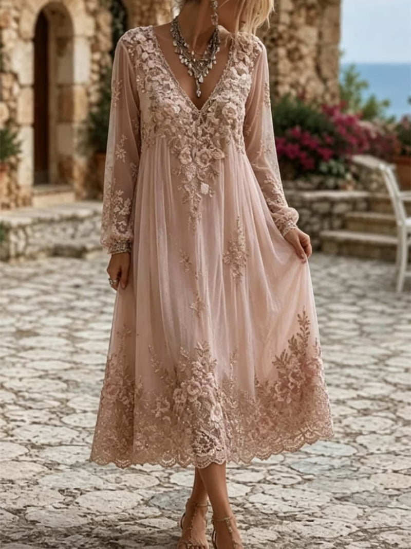 Women's Blush Pink Floral V Neck Long Sleeve Midi Dress