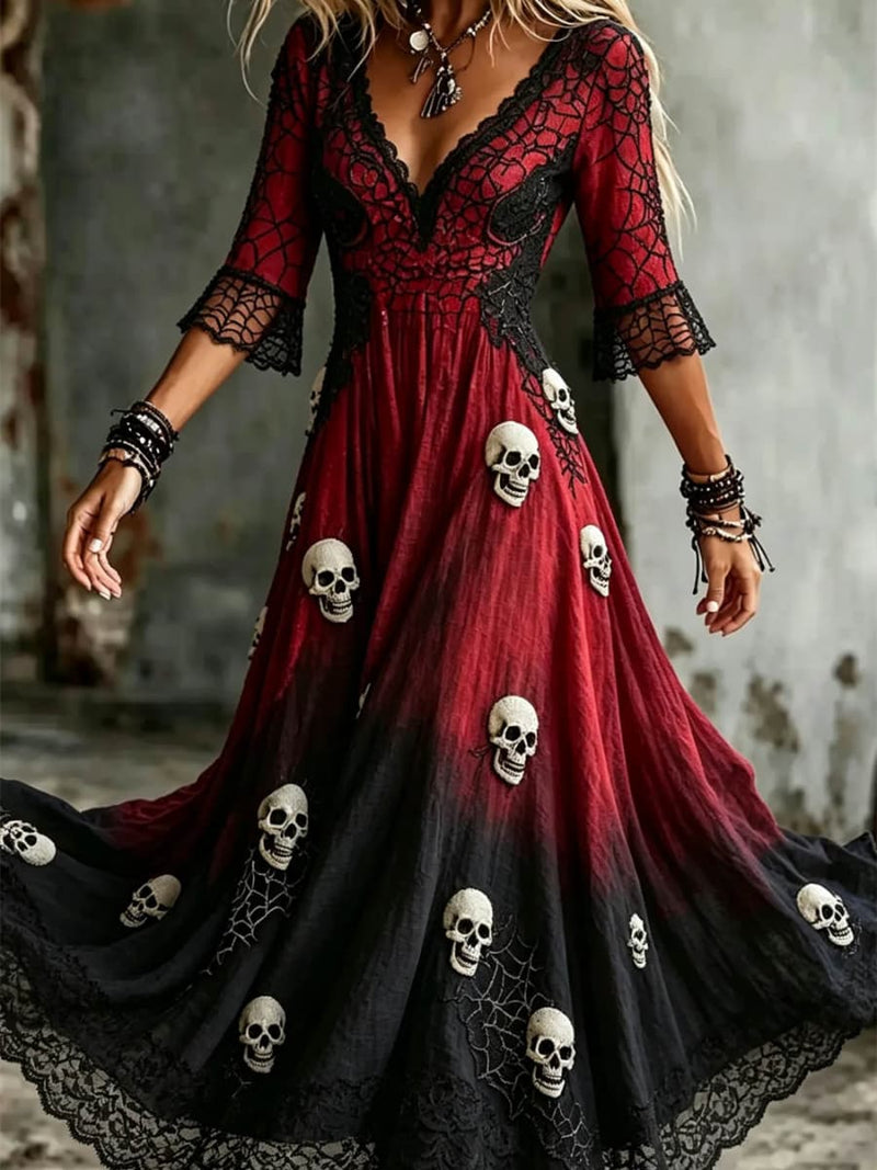 Women's Halloween Red Black Skull V Neck Three Quarter Sleeve Maxi Dress