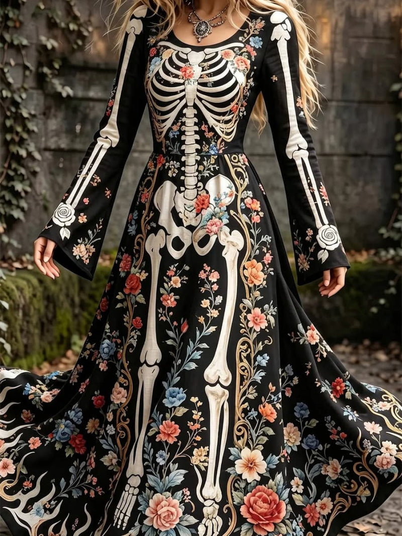 Women's Halloween Black Multi Floral Skeleton Round Neck Long Sleeve Maxi Dress
