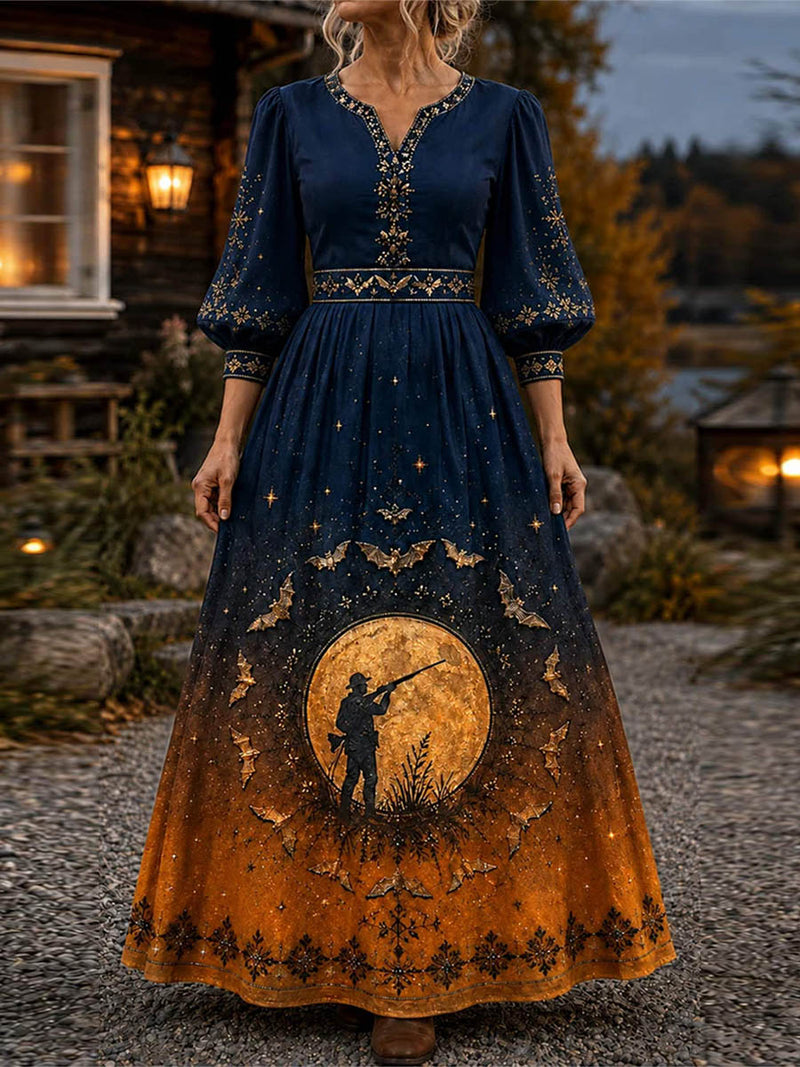 Women's Halloween Navy Orange Bats Full Moon V Neck Long Sleeve Maxi Dress