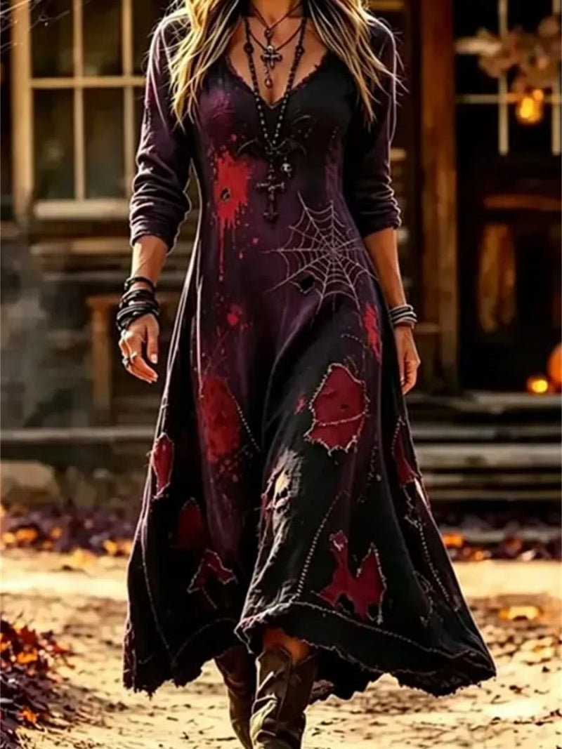 Women's Halloween Black Red Spider Web V Neck Long Sleeve Maxi Dress