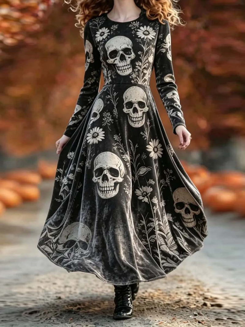 Women's Halloween Black White Skull Floral Round Neck Long Sleeve Maxi Dress