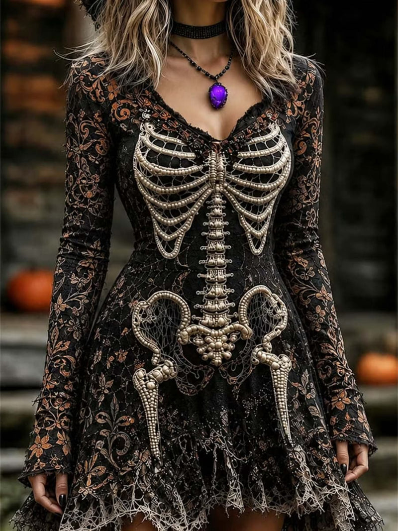 Women's Halloween Black Orange Skeleton V Neck Long Sleeve Mini Dress