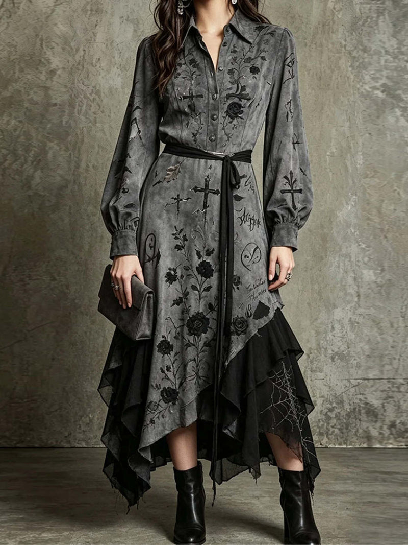 Women's Halloween Grey Black Cross Floral Collared Neck Long Sleeve Midi Dress