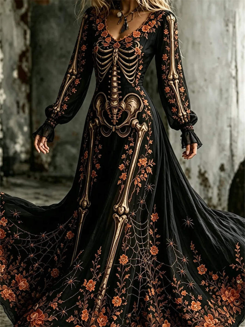 Women's Halloween Black Orange Skeleton Floral V Neck Long Sleeve Maxi Dress