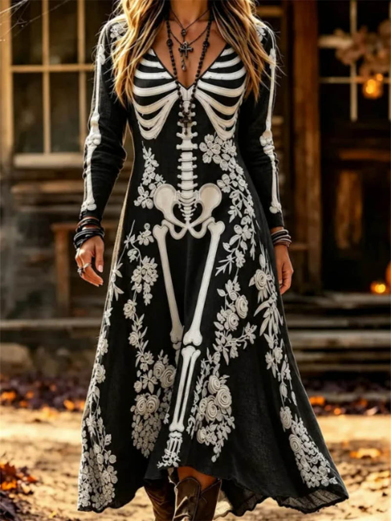 Women's Halloween Black White Skeleton Floral V Neck Long Sleeve Midi Dress