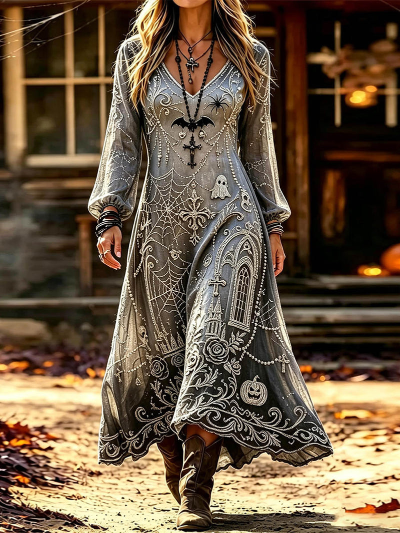 Women's Halloween Grey Multi Spider Web V Neck Long Sleeve Midi Dress