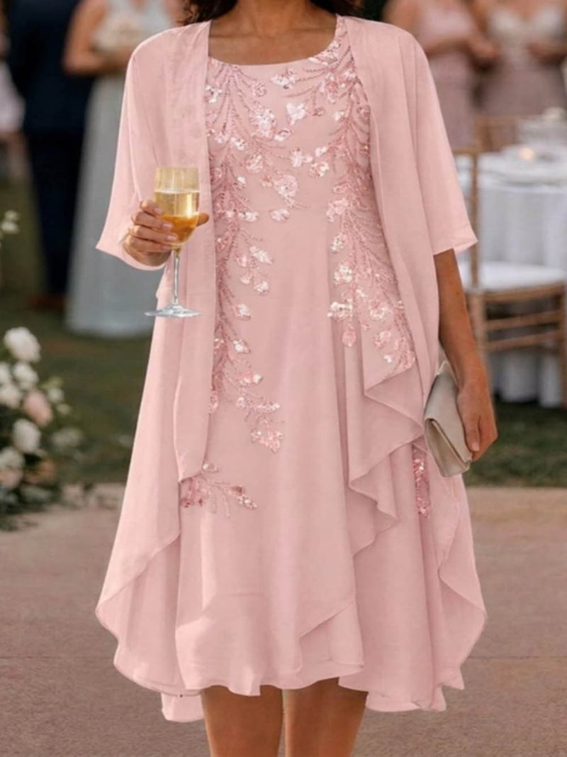 Women's Pink Floral Scoop Neck Three Quarter Sleeve Two Piece Midi Dress