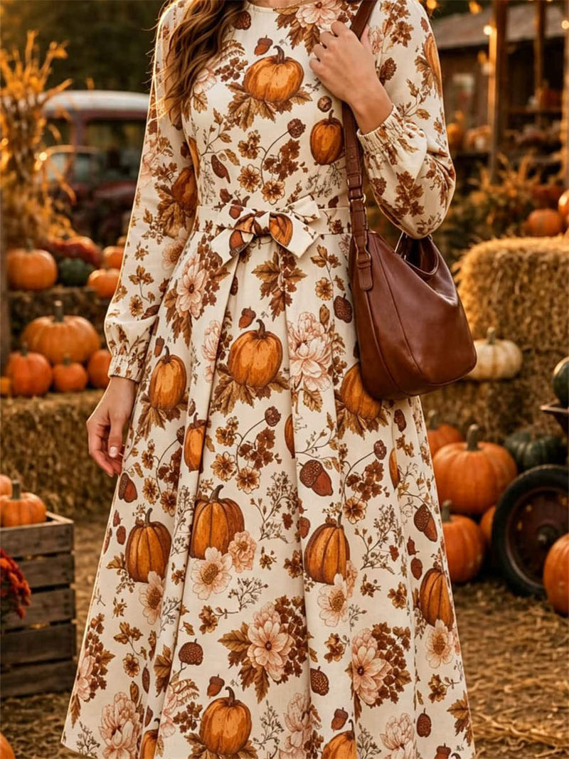 Women's Halloween Cream Orange Pumpkin Floral Round Neck Long Sleeve Midi Dress