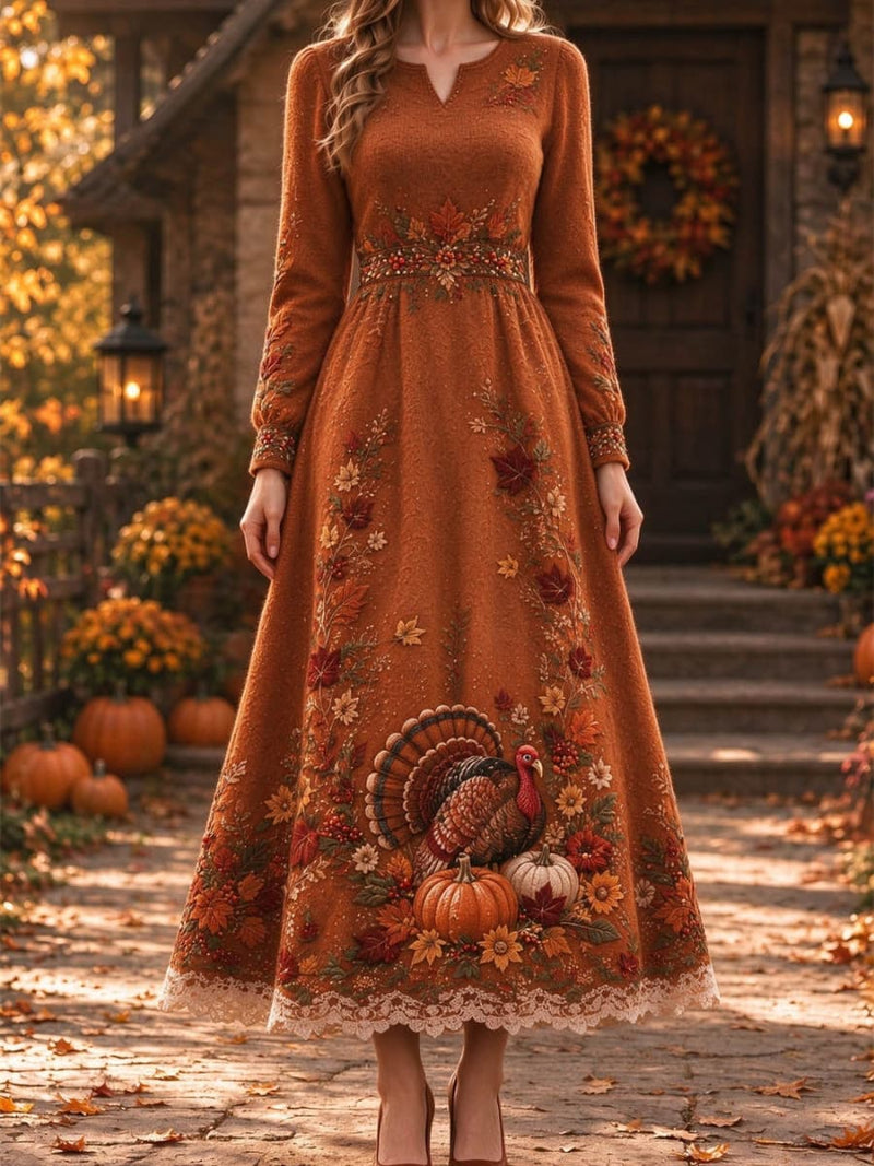 Women's Thanksgiving Orange Floral V Neck Long Sleeve Maxi Dress