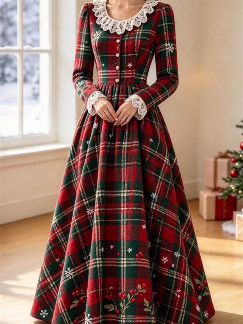 Women's Christmas Red Green Plaid Round Neck Long Sleeve Maxi Dress