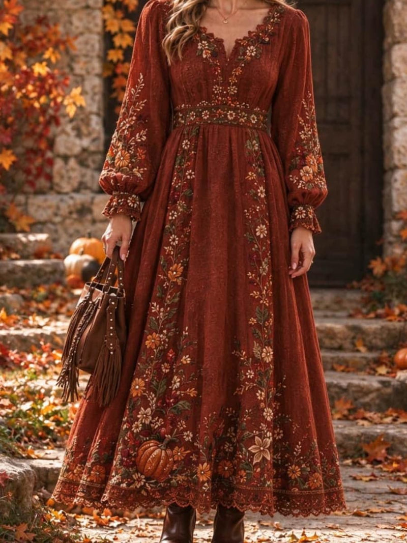 Women's Thanksgiving Rust Floral V Neck Long Sleeve Maxi Dress