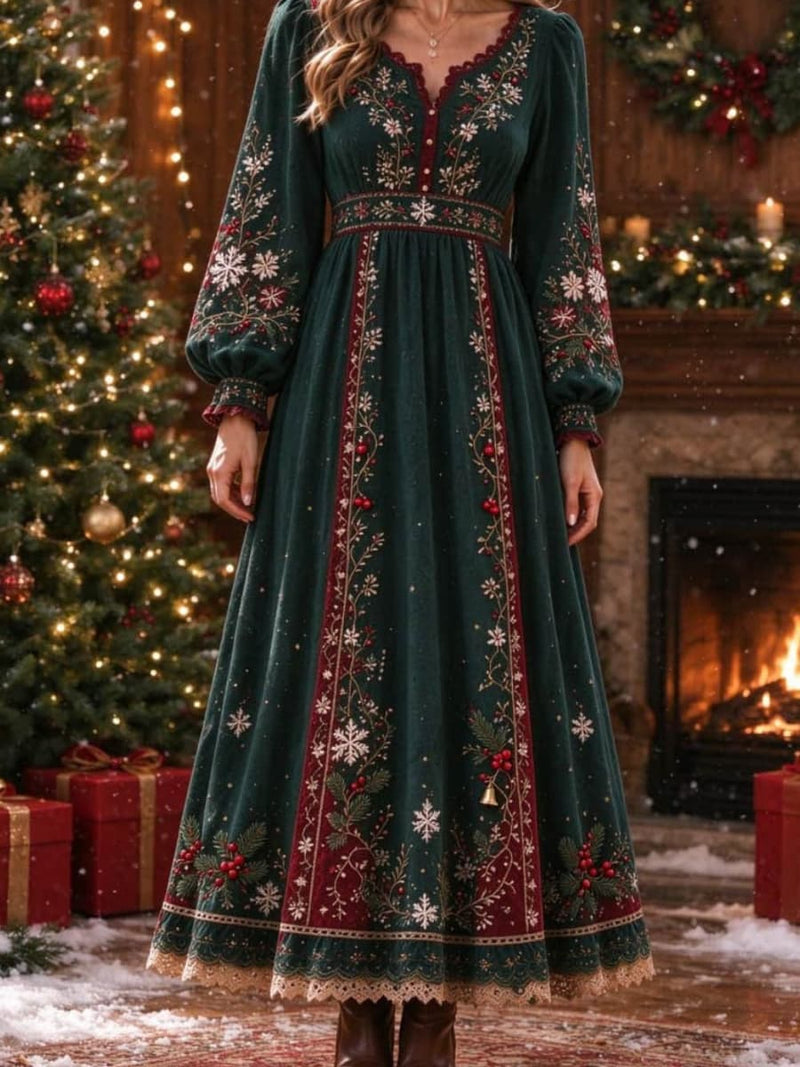 Women's Christmas Green Red Floral V Neck Long Sleeve Maxi Dress