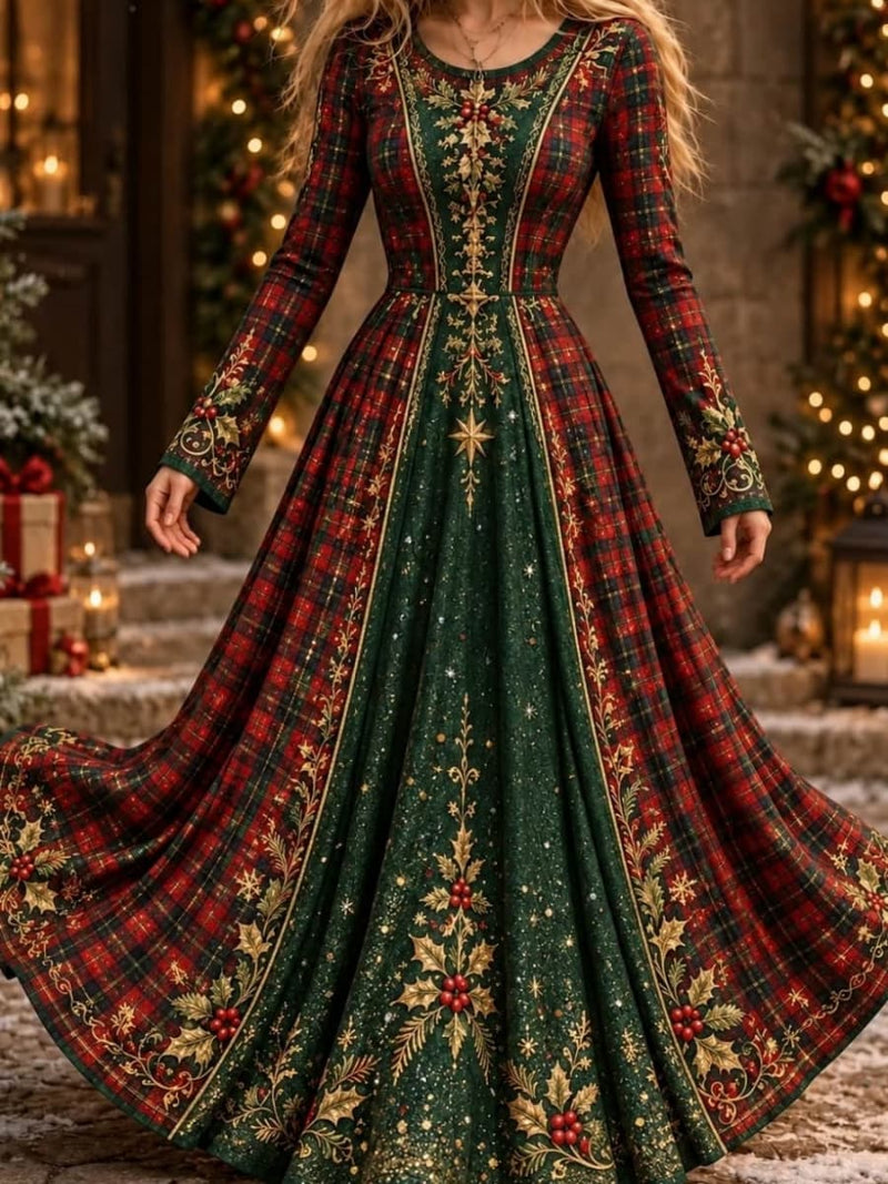 Women's Christmas Green Red Plaid Round Neck Long Sleeve Maxi Dress