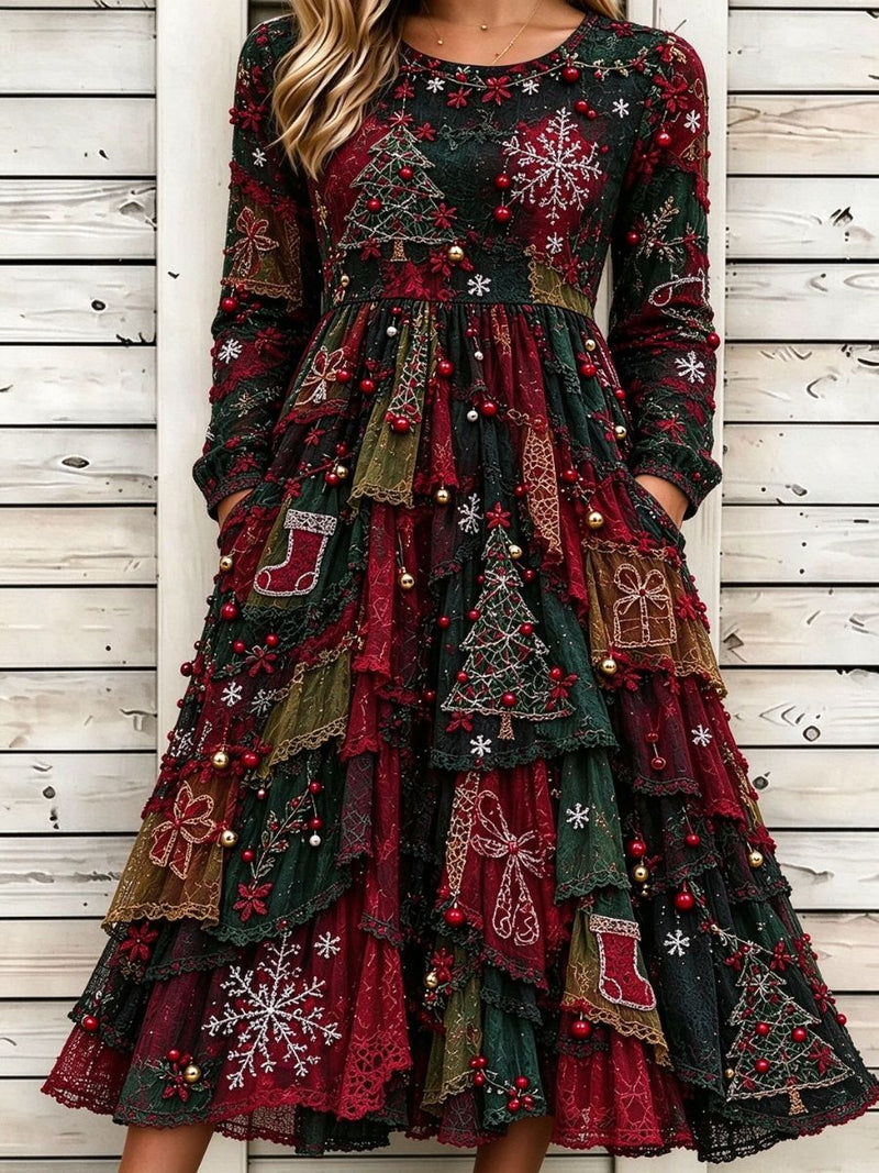 Women's Christmas Green Red Patchwork Round Neck Long Sleeve Midi Dress