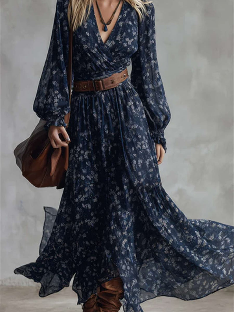 Women's Navy Ditsy Floral Wrap V Neck Long Sleeve Maxi Dress