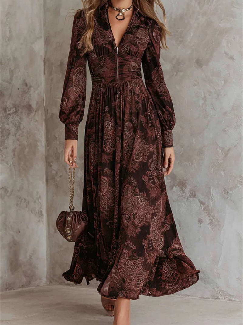 Women's Brown Paisley Zip V Neck Long Sleeve Maxi Dress