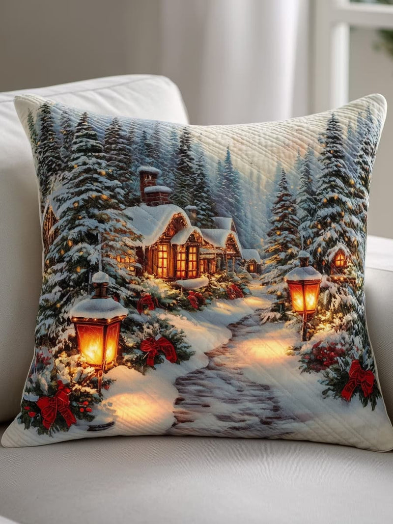 Women's Christmas Multi Snowy Cabin Forest Street Lamp Print Square Pillow Cover