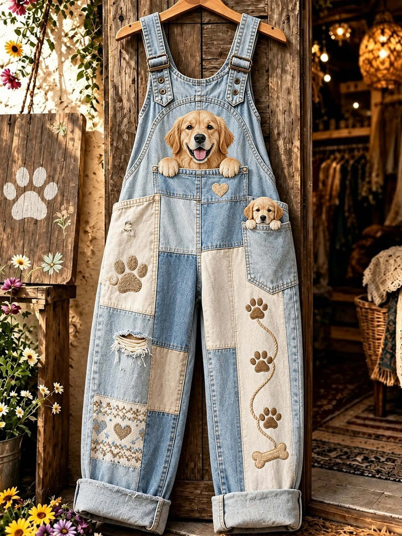 Women's Blue Patchwork Golden Retriever Print Denim Jumpsuit