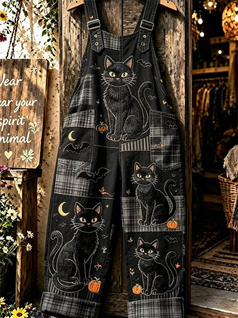 Women's Halloween Black Plaid Cat Pumpkin Print Adjustable Strap Jumpsuit