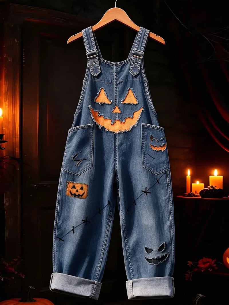 Women's Halloween Medium Blue Wash Pumpkin Patch Straight Leg Denim Jumpsuit