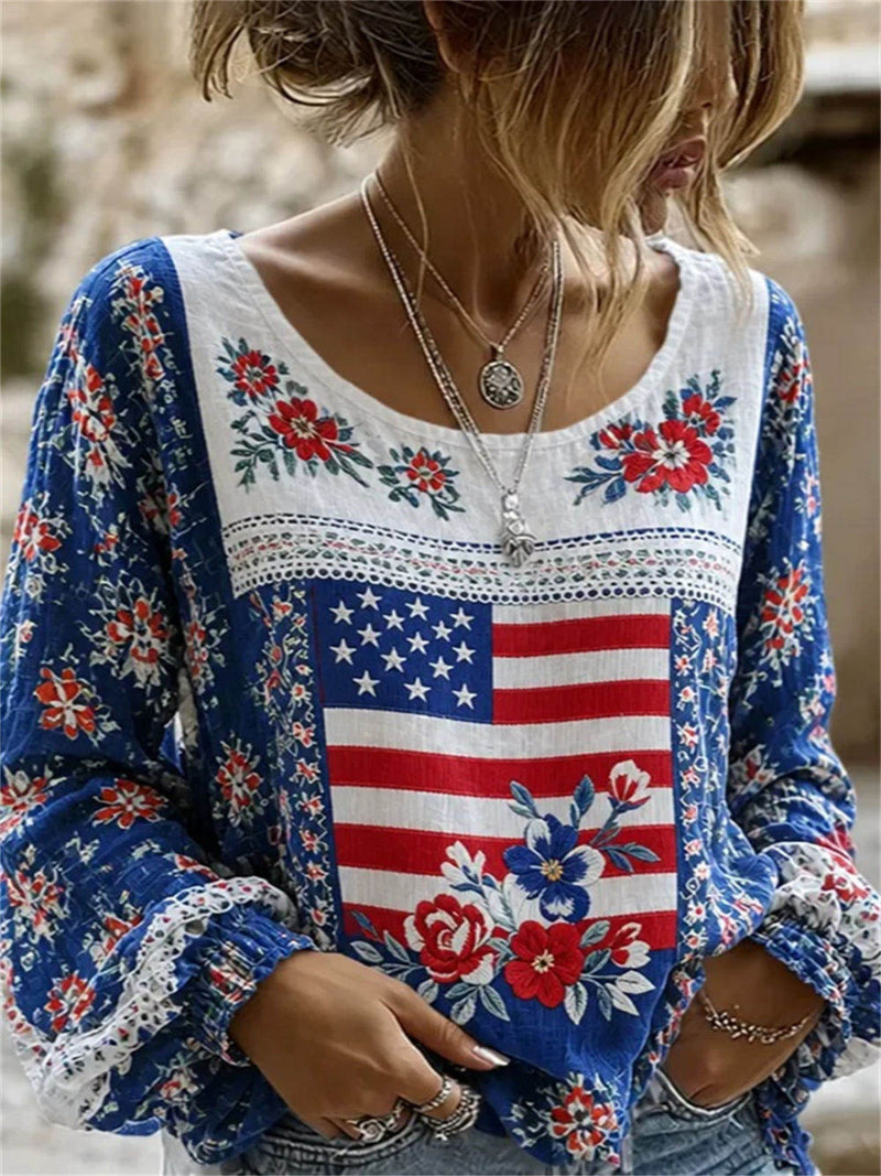 America 250th Anniversary Blue Flag and Floral Print Lace Trim Long Sleeve Linen Blouse