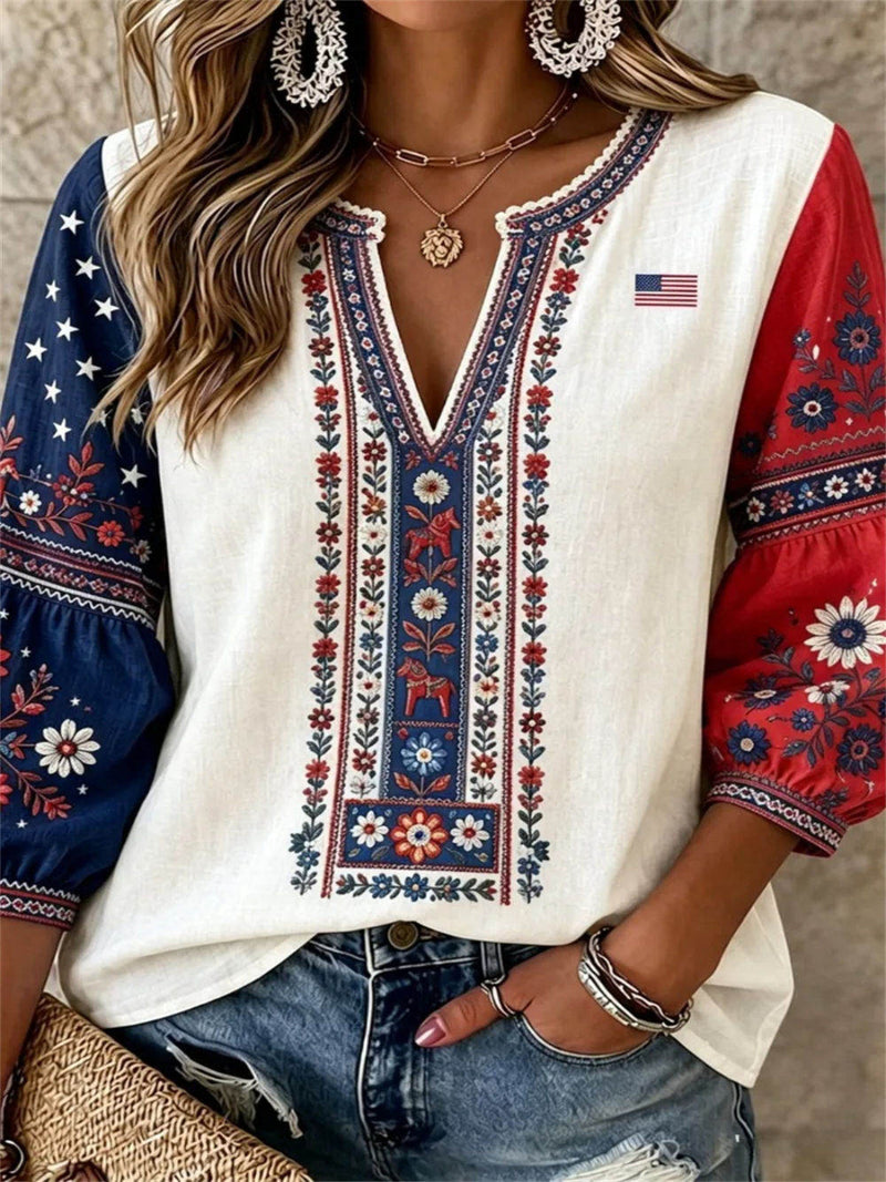 America 250th Anniversary Multi Floral Embroidered V Neck 3/4 Puff Sleeve Linen Blouse