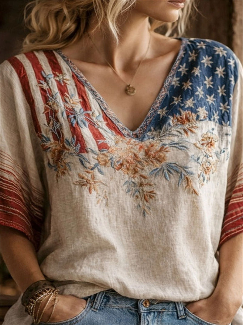 America 250th Anniversary Beige Floral Embroidered Flag Print V Neck Half Sleeve Linen Blouse