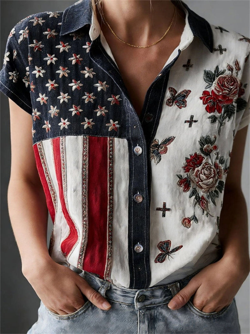 America 250th Anniversary Multi Floral Flag Print Collared Short Sleeve Shirt