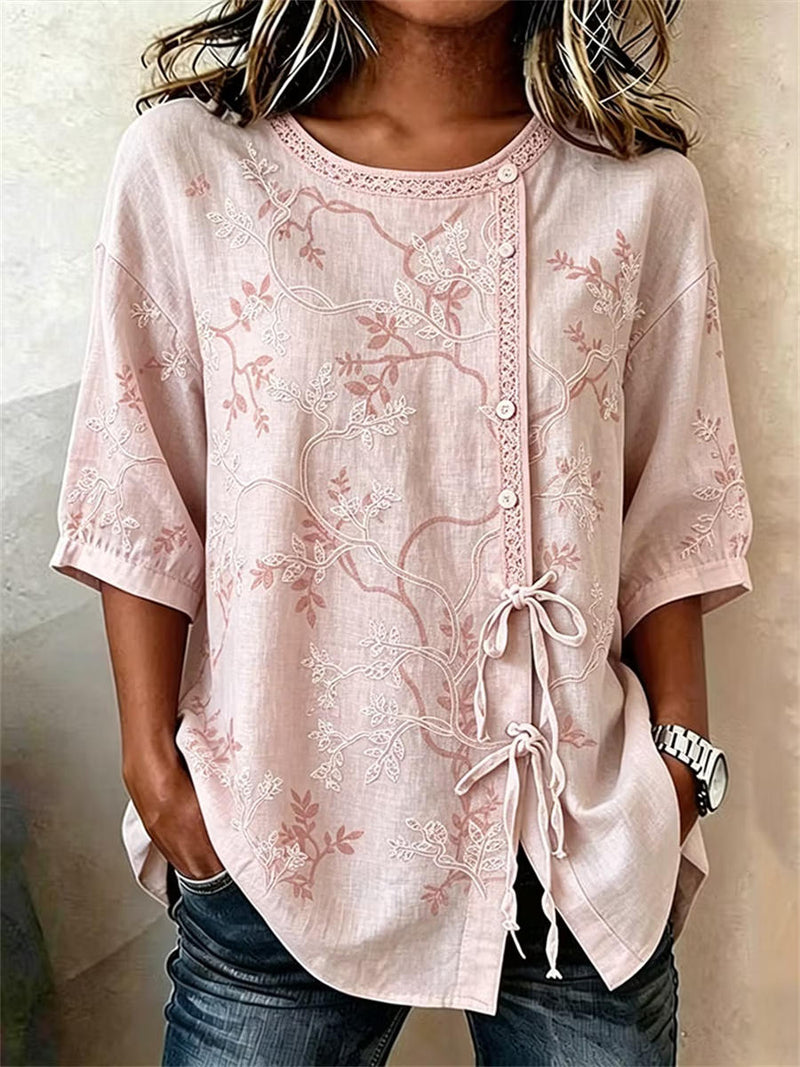 Pink Floral Embroidery Lace Trim Round Neck Half Sleeve Drawstring Blouse