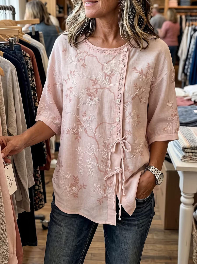 Pink Floral Embroidery Lace Trim Round Neck Half Sleeve Drawstring Blouse