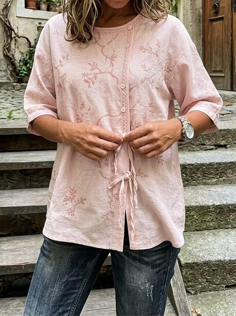 Pink Floral Embroidery Lace Trim Round Neck Half Sleeve Drawstring Blouse