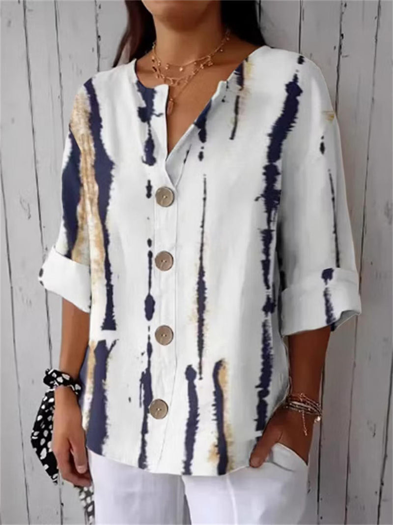 White Base Tie Dye Print Notch Neck Rolled 3/4 Sleeve Button Front Blouse