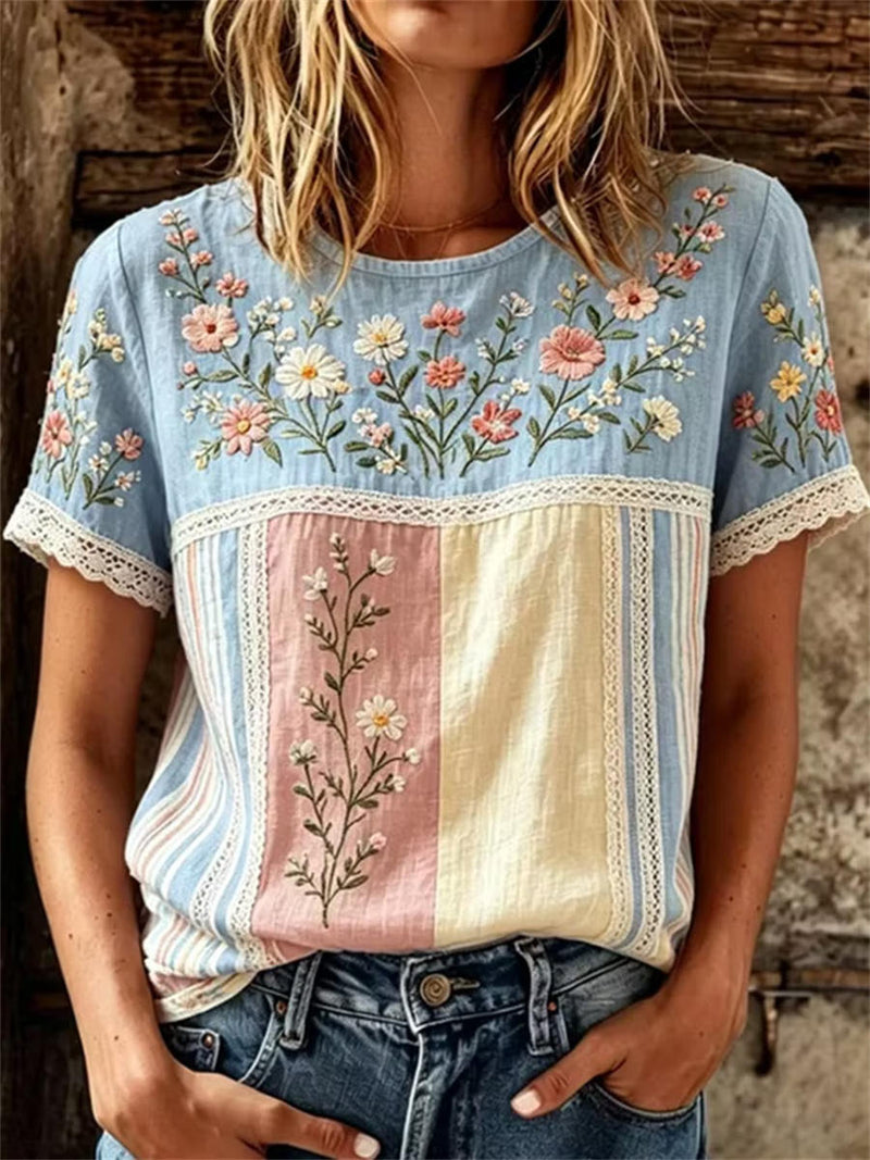 Multi Block Stripe Floral Embroidery Lace Trim Round Neck Short Sleeve Blouse
