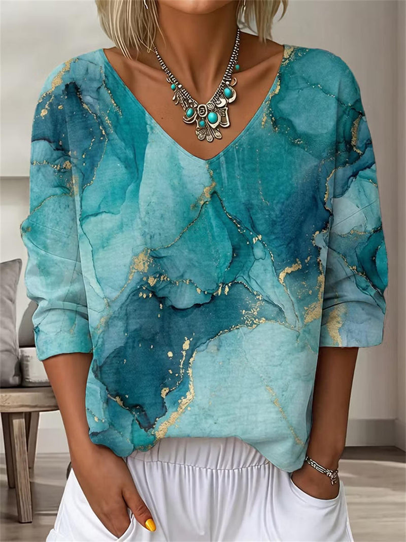 Teal Marble Gold Foil Print V Neck 3/4 Sleeve Blouse