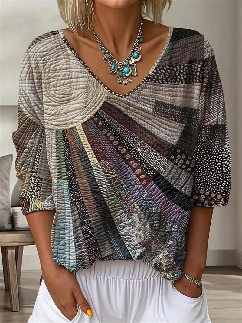 Retro Multi Patchwork Geometric Striped Print V-neck Long Sleeve Blouse